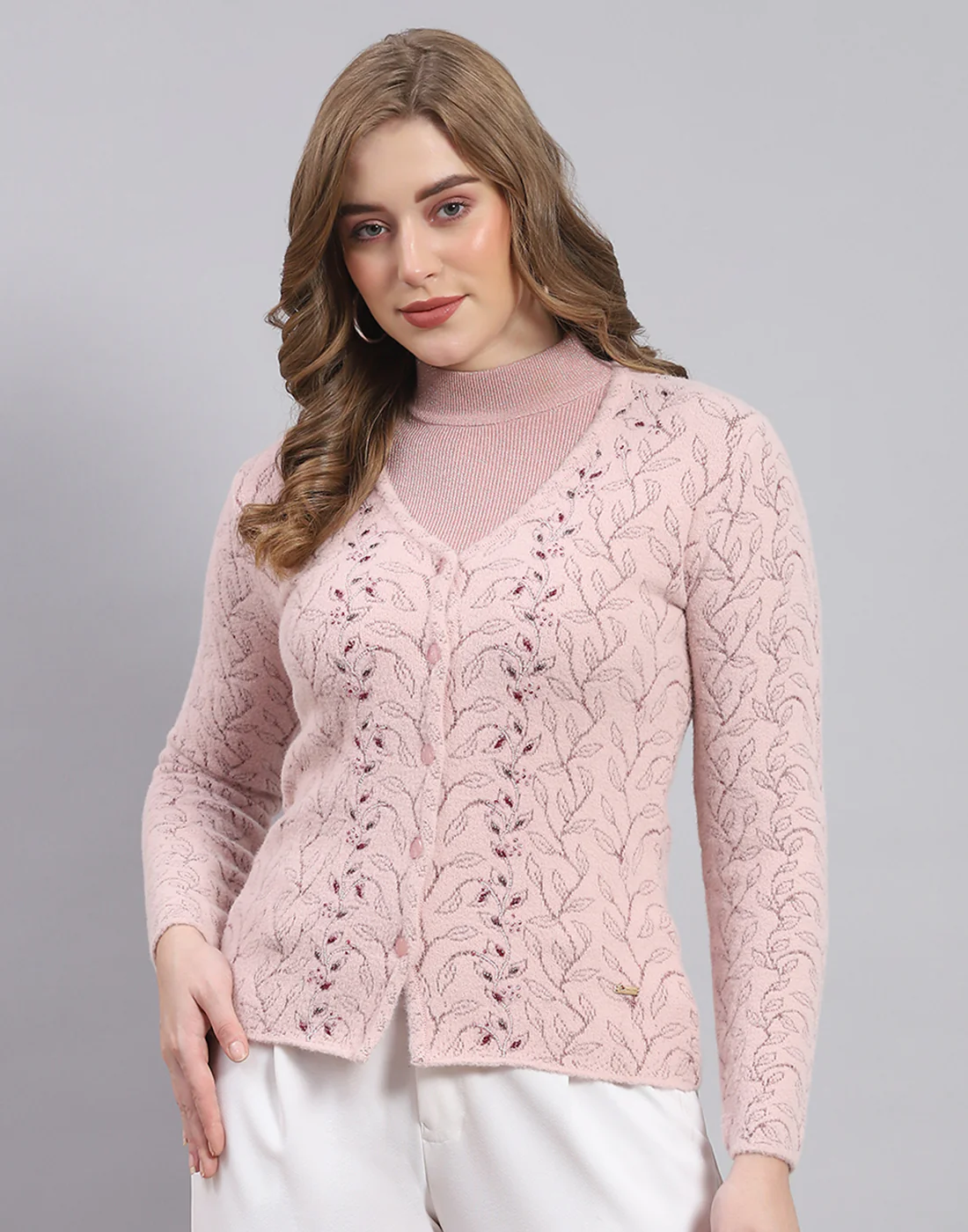 Women Pink Self Design V Neck Full Sleeve Sweater - Image 2