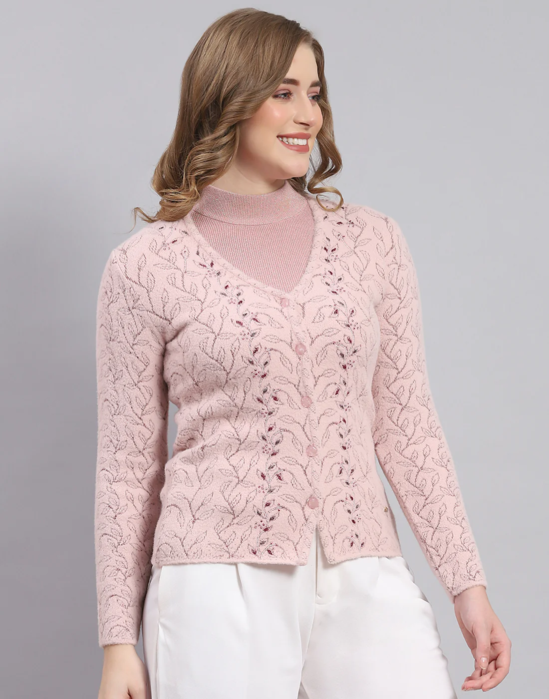 Women Pink Self Design V Neck Full Sleeve Sweater - Image 4