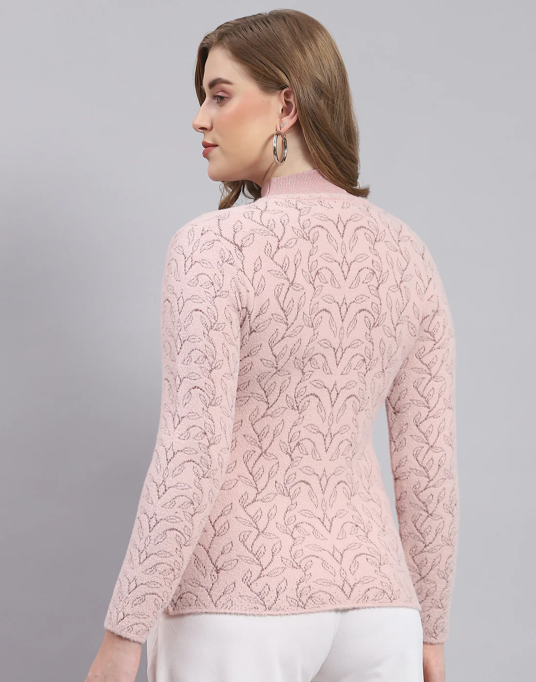 Women Pink Self Design V Neck Full Sleeve Sweater - Image 5