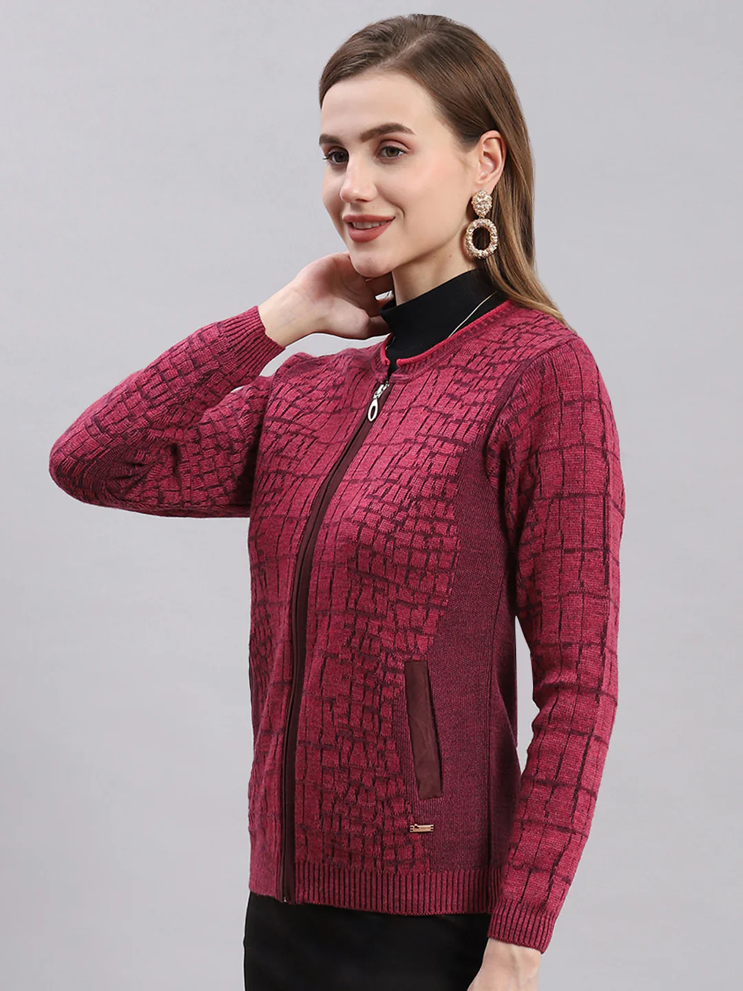 Women Pink Self Design Round Neck Full Sleeve Cardigans - Image 3