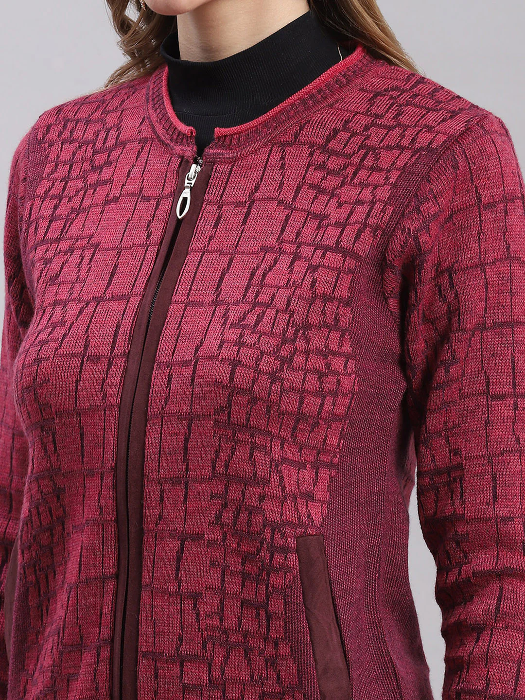 Women Pink Self Design Round Neck Full Sleeve Cardigans - Image 6