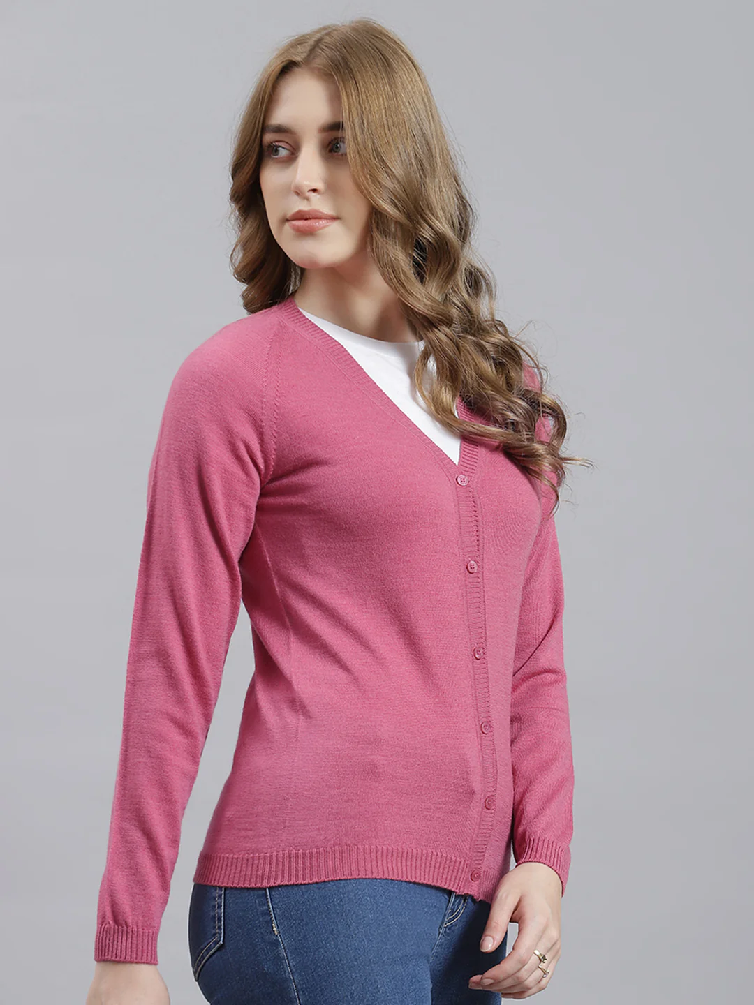 Women Pink Solid Cardigan - Image 3