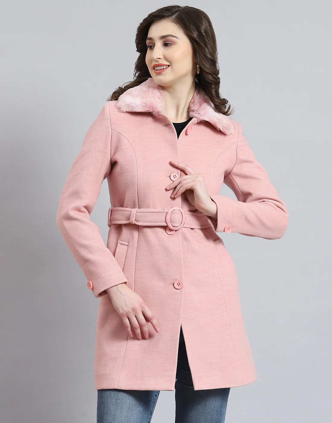 Women Pink Solid Collar Full Sleeve Coat - Image 2