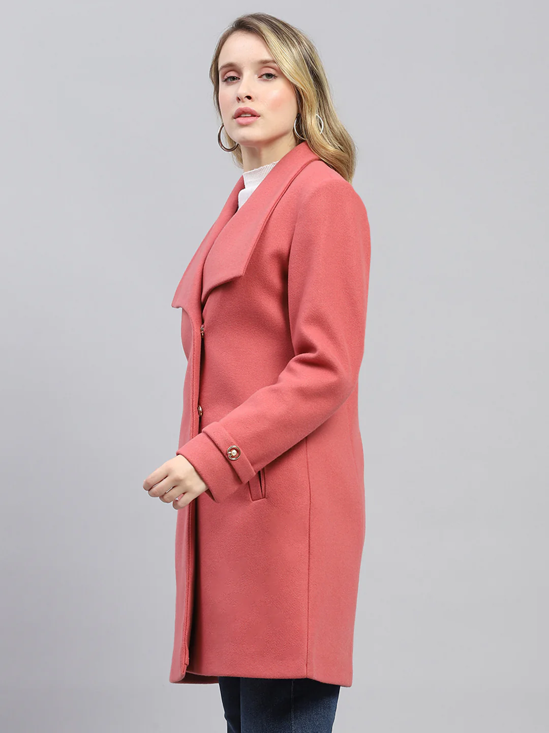 Women Pink Solid Collar Full Sleeve Coat - Image 3