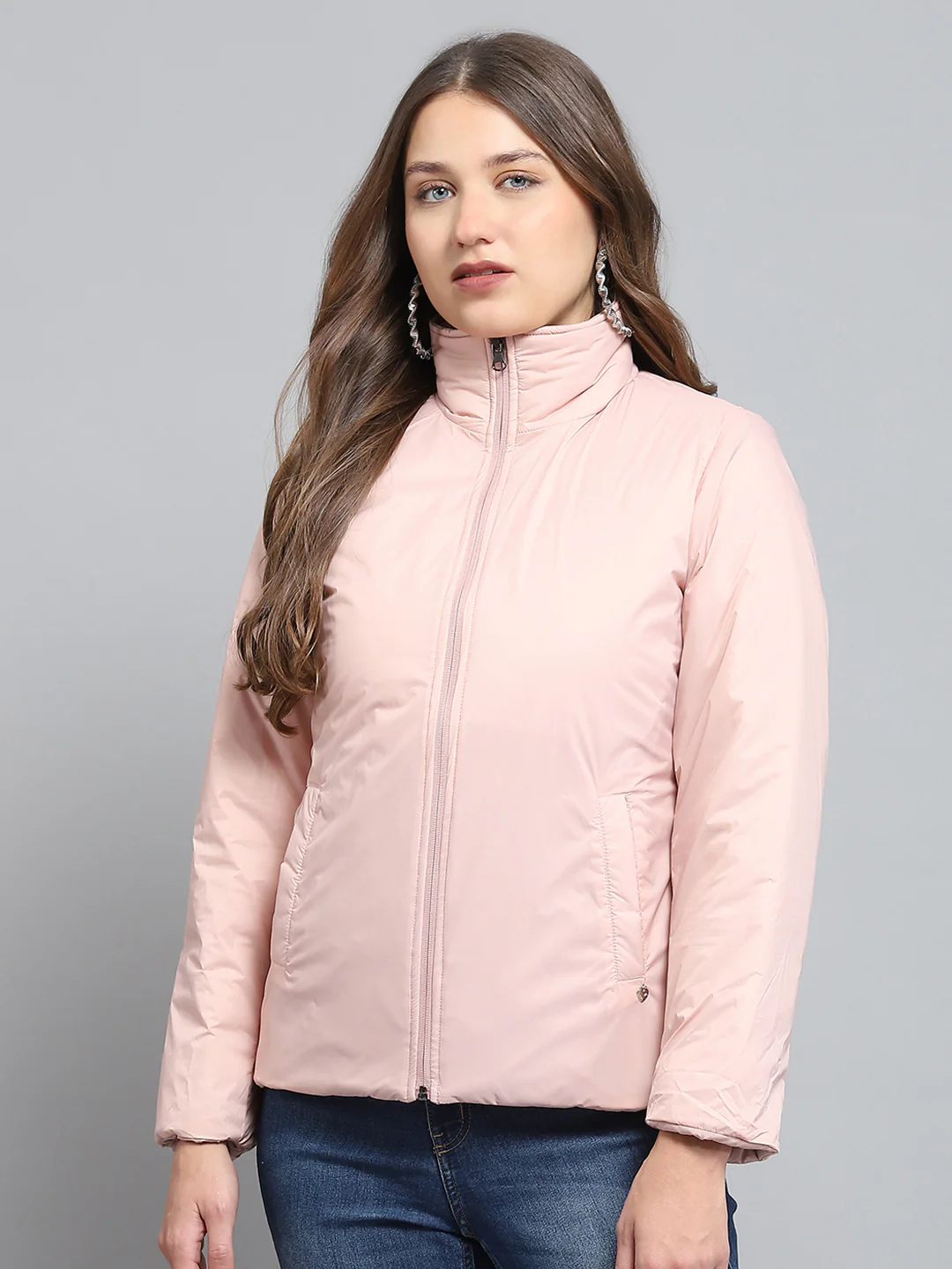 Women Pink Solid Collar Full Sleeve Reversible Jacket - Image 6