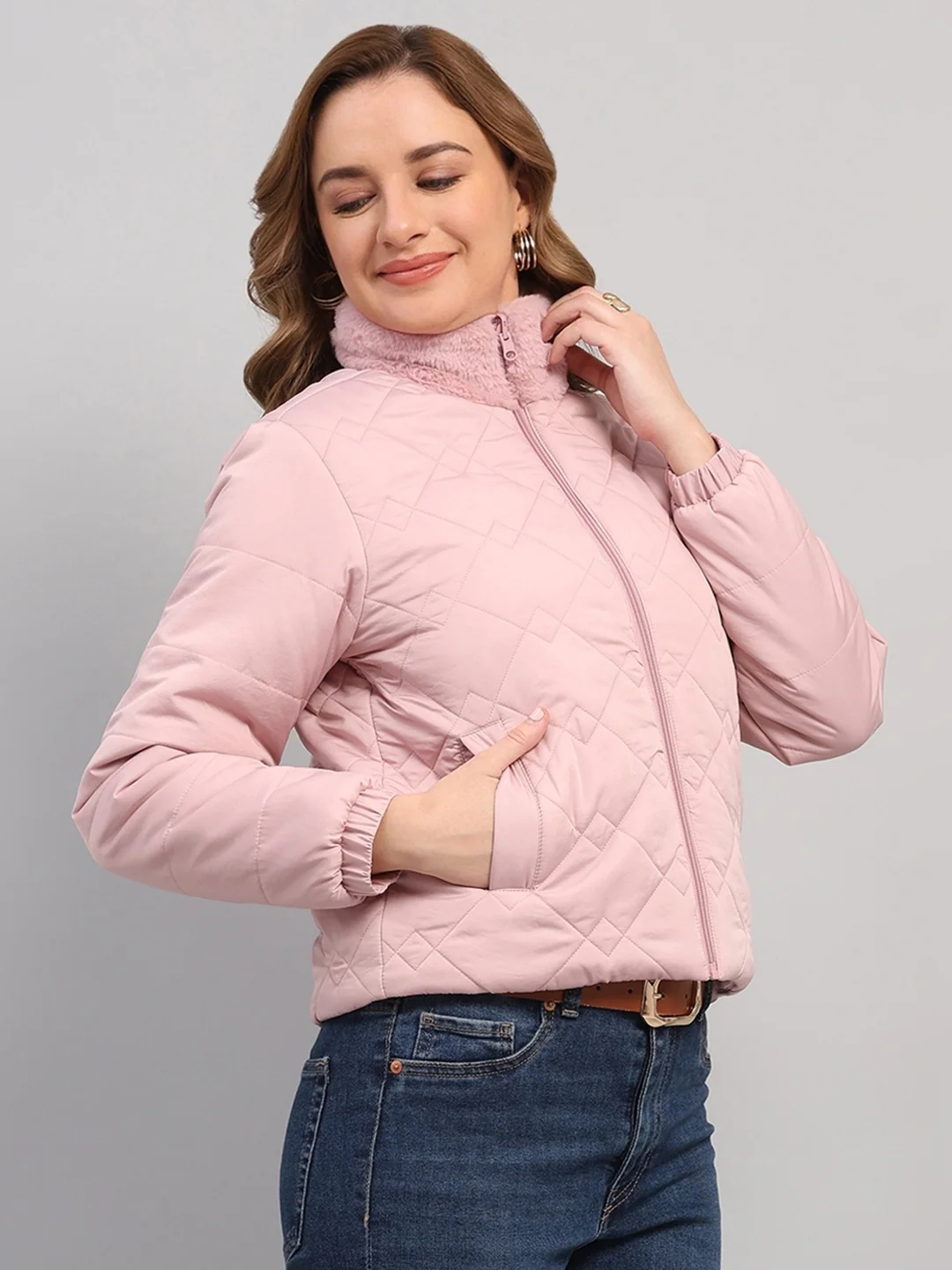 Women Pink Solid Collar Full Sleeve Reversible Jacket - Image 4