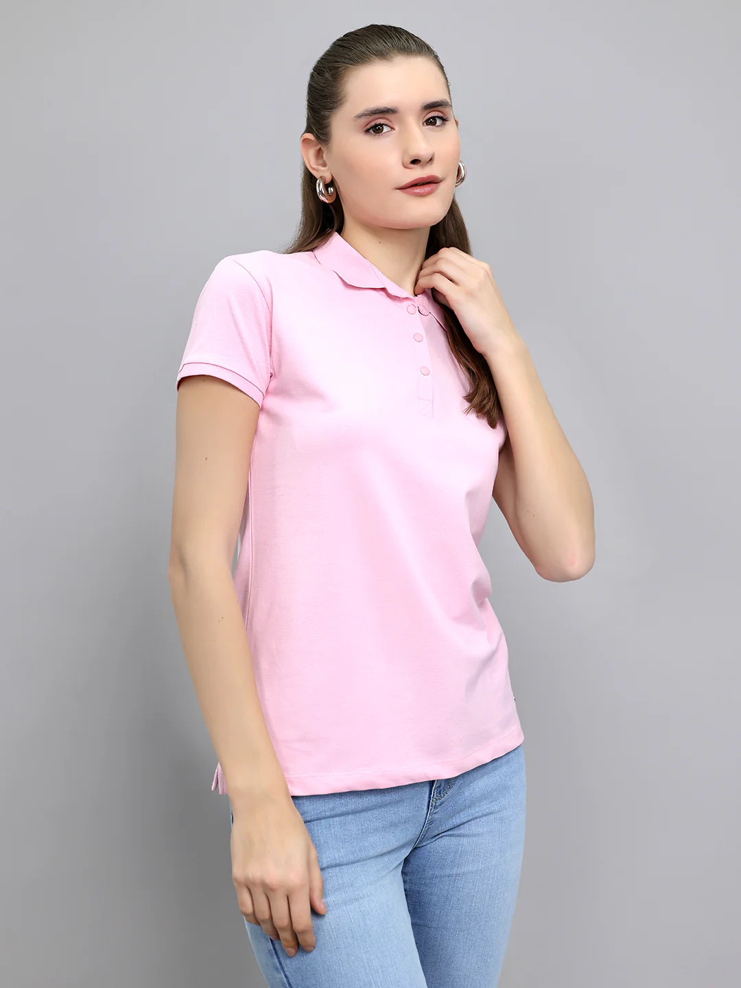 Women Pink Solid Collar Half Sleeve T-Shirt - Image 2