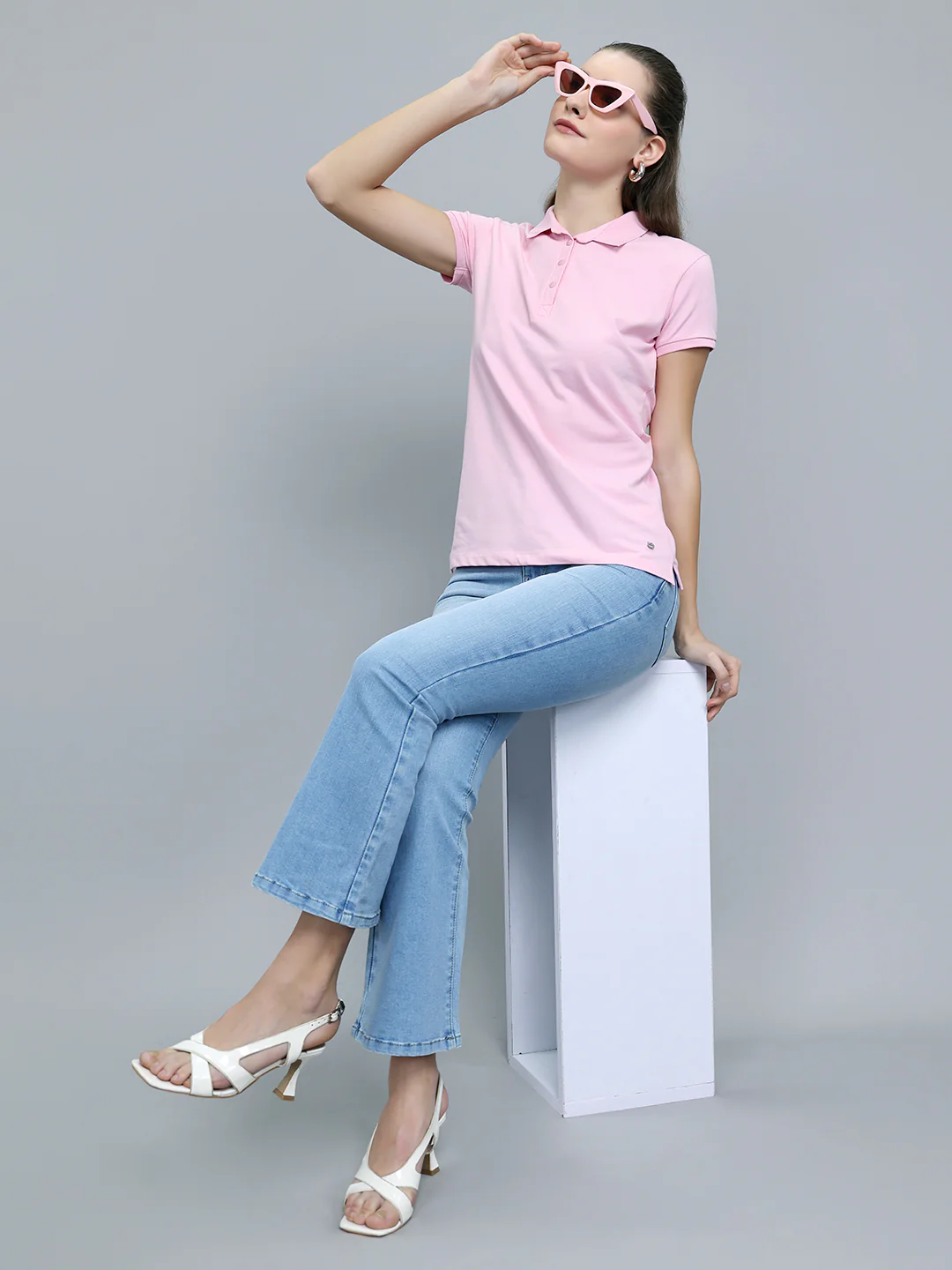 Women Pink Solid Collar Half Sleeve T-Shirt - Image 5