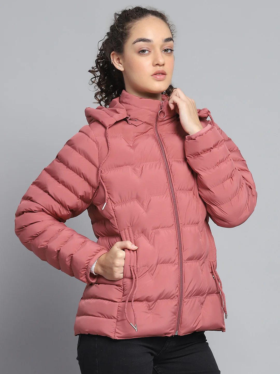 Women Pink Solid Detachable Hood Full Sleeve Jacket - Image 4