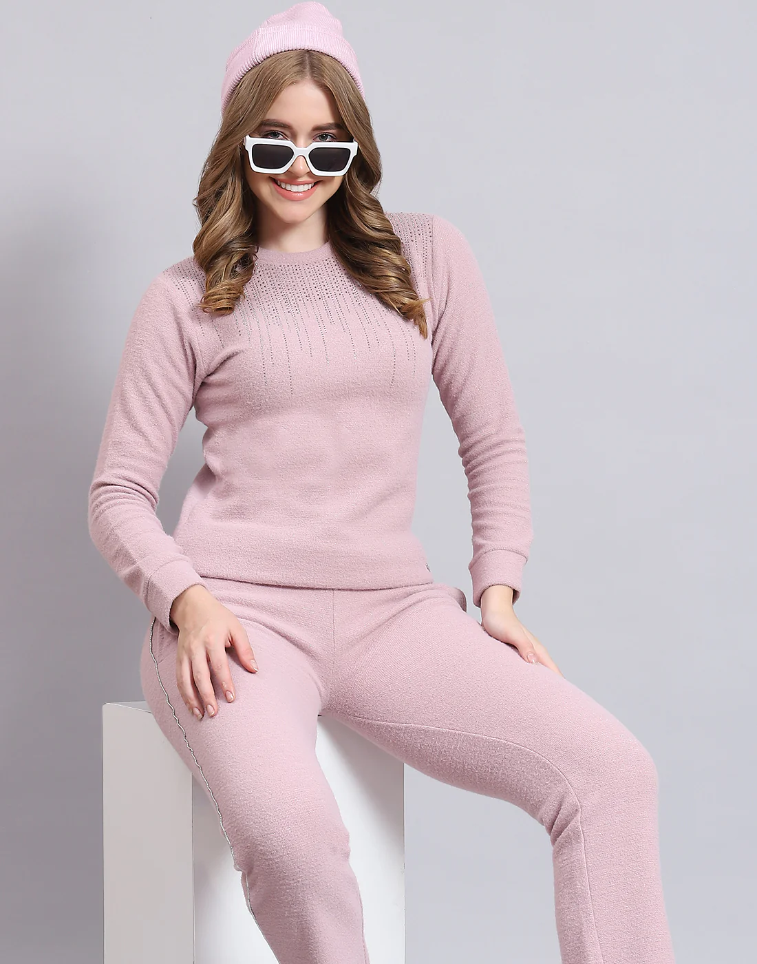 Women Pink Solid F Neck Full Sleeve Cords Set - Image 2