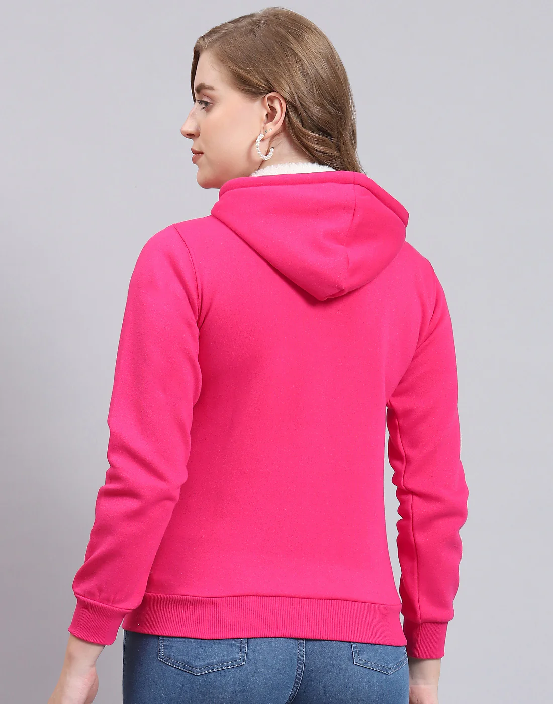 Women Pink Solid Hooded Full Sleeve Sweatshirt - Image 5