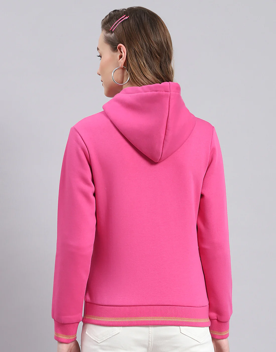 Women Pink Solid Hooded Full Sleeve Sweatshirt - Image 5