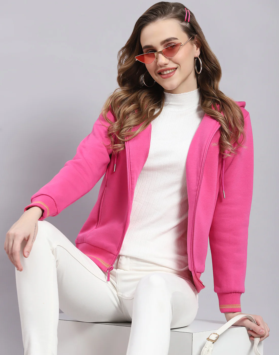 Women Pink Solid Hooded Full Sleeve Sweatshirt - Image 6