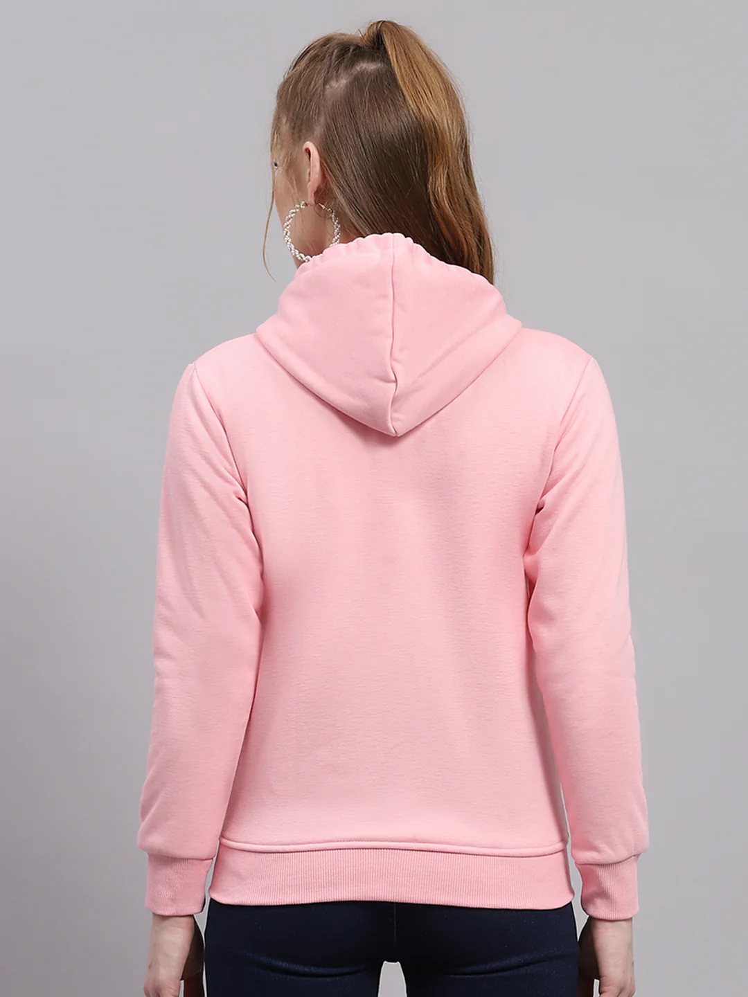 Women Pink Solid Hooded Full Sleeve Sweatshirt - Image 5