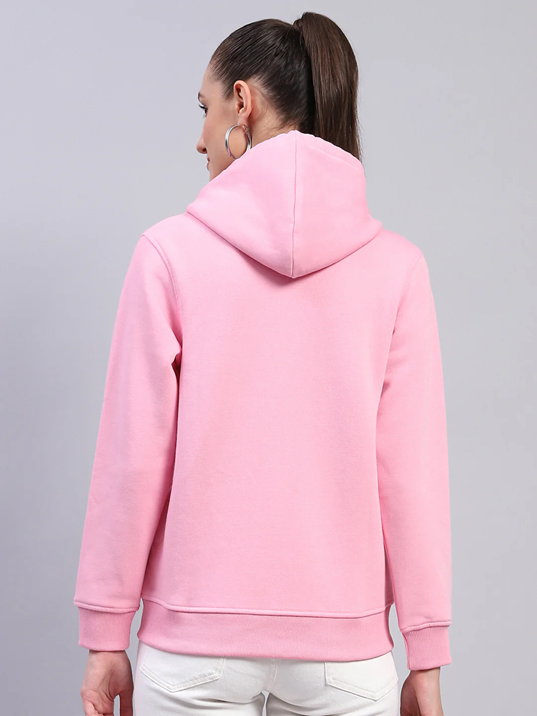Women Pink Solid Hooded Full Sleeve Sweatshirt - Image 5