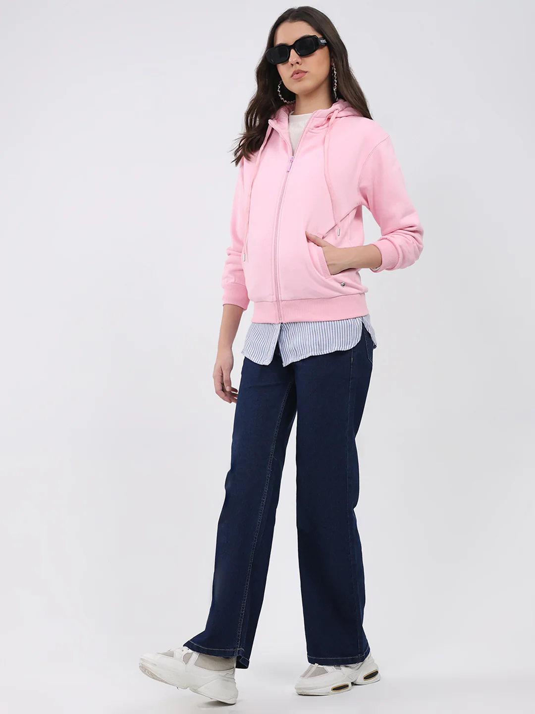 Women Pink Solid Hooded Full Sleeve Sweatshirt - Image 2