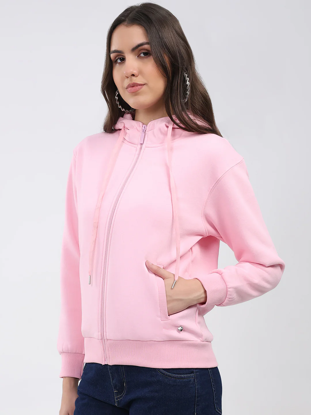 Women Pink Solid Hooded Full Sleeve Sweatshirt - Image 3