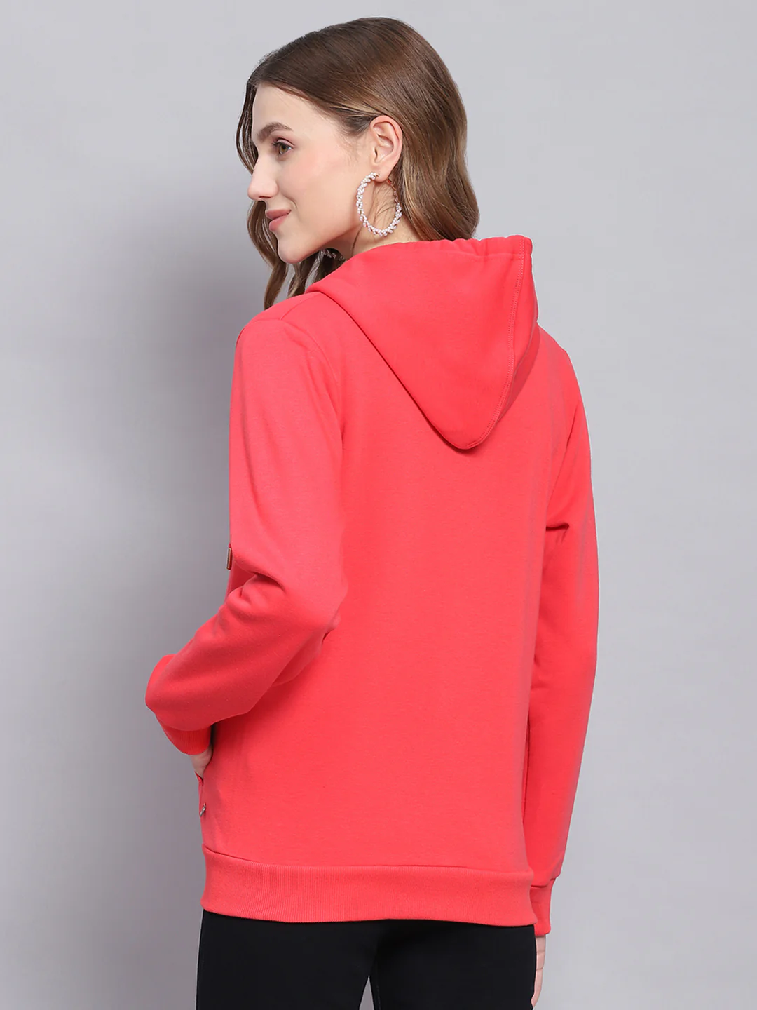 Women Pink Solid Hooded Full Sleeve Sweatshirts - Image 5