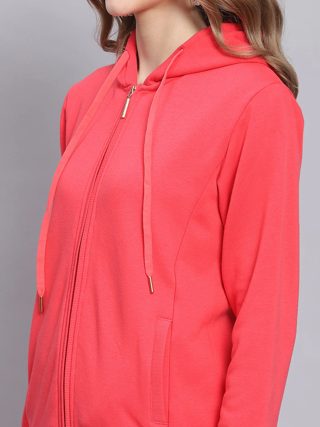 Women Pink Solid Hooded Full Sleeve Sweatshirts - Image 6