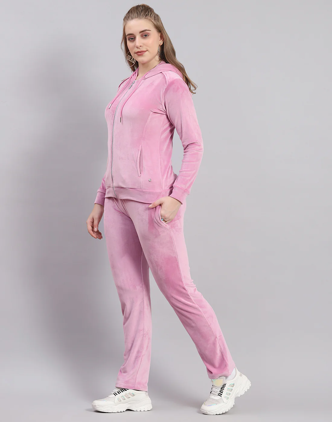 Women Pink Solid Hooded Full Sleeve Tracksuit - Image 3