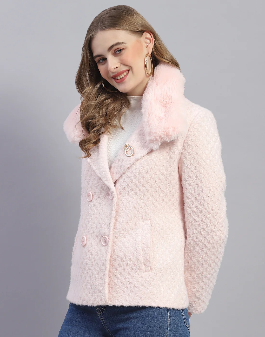 Women Pink Solid Lapel Collar Full Sleeve Coat - Image 3