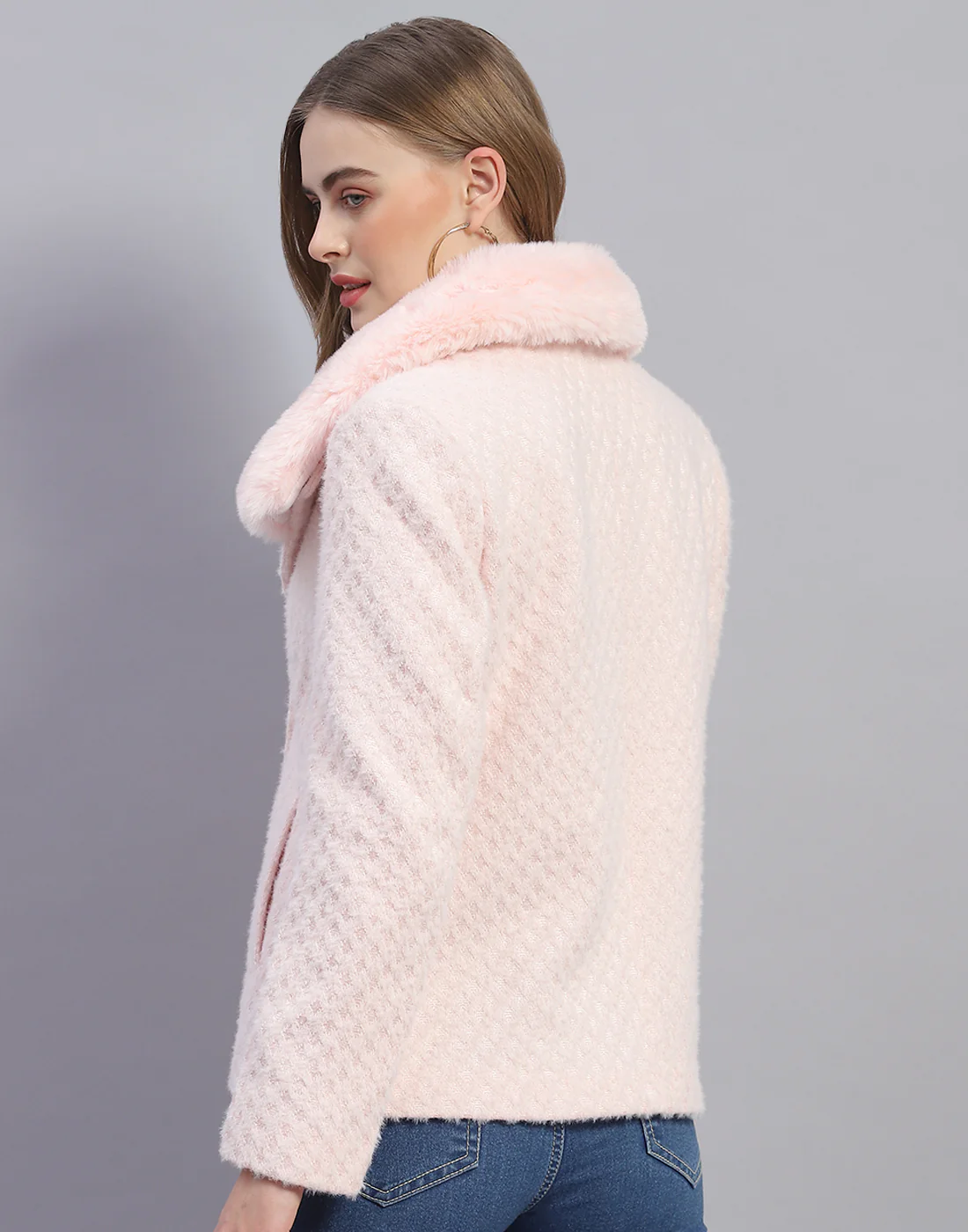 Women Pink Solid Lapel Collar Full Sleeve Coat - Image 5