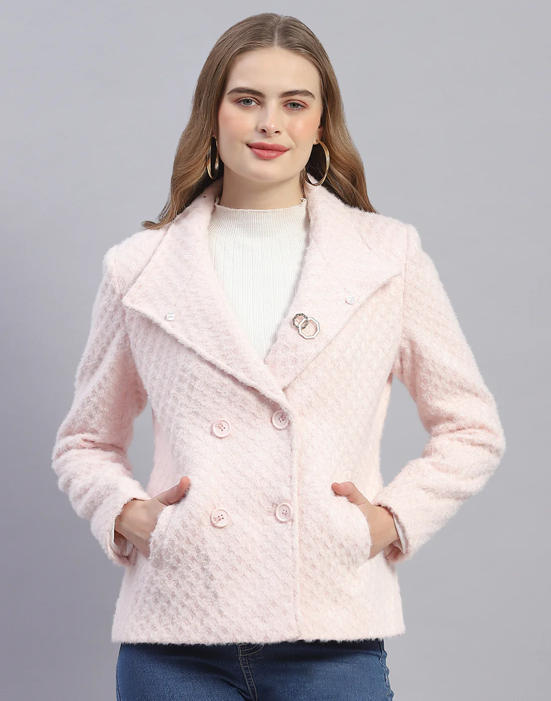 Women Pink Solid Lapel Collar Full Sleeve Coat - Image 7