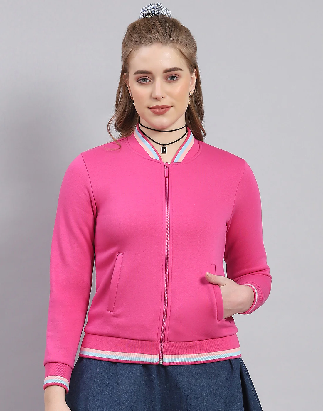 Women Pink Solid Mandarin Collar Full Sleeve Sweatshirt - Image 3