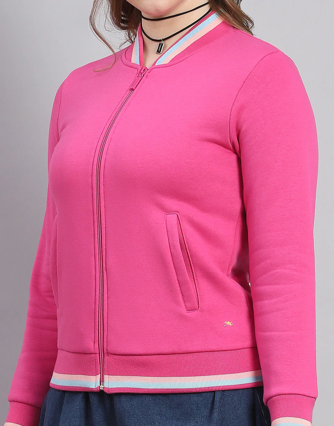 Women Pink Solid Mandarin Collar Full Sleeve Sweatshirt - Image 6