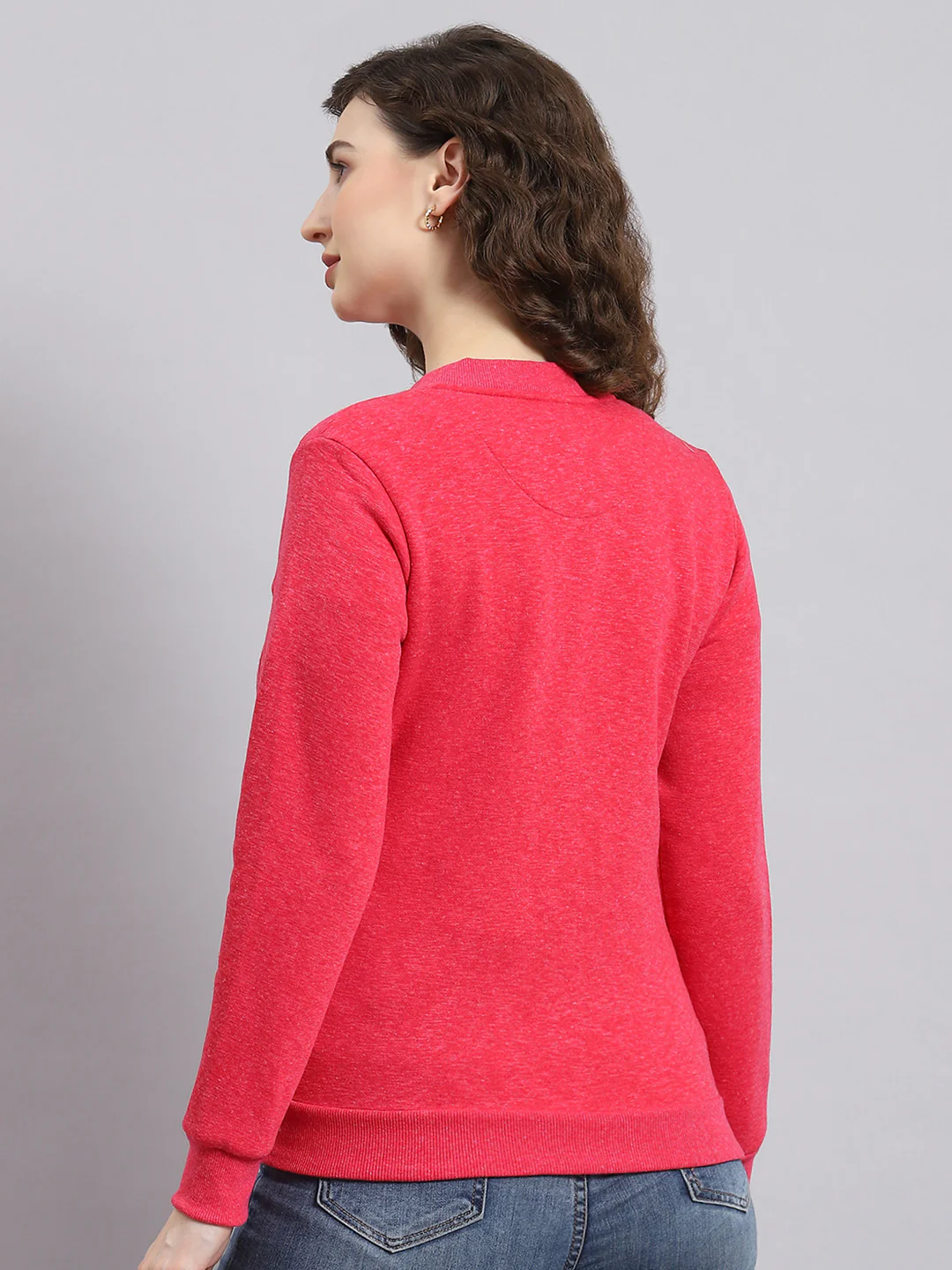 Women Pink Solid Mandarin Collar Full Sleeve Sweatshirt - Image 5