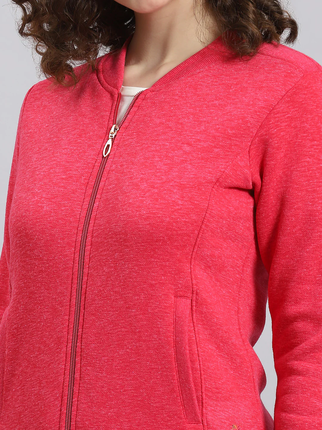 Women Pink Solid Mandarin Collar Full Sleeve Sweatshirt - Image 6