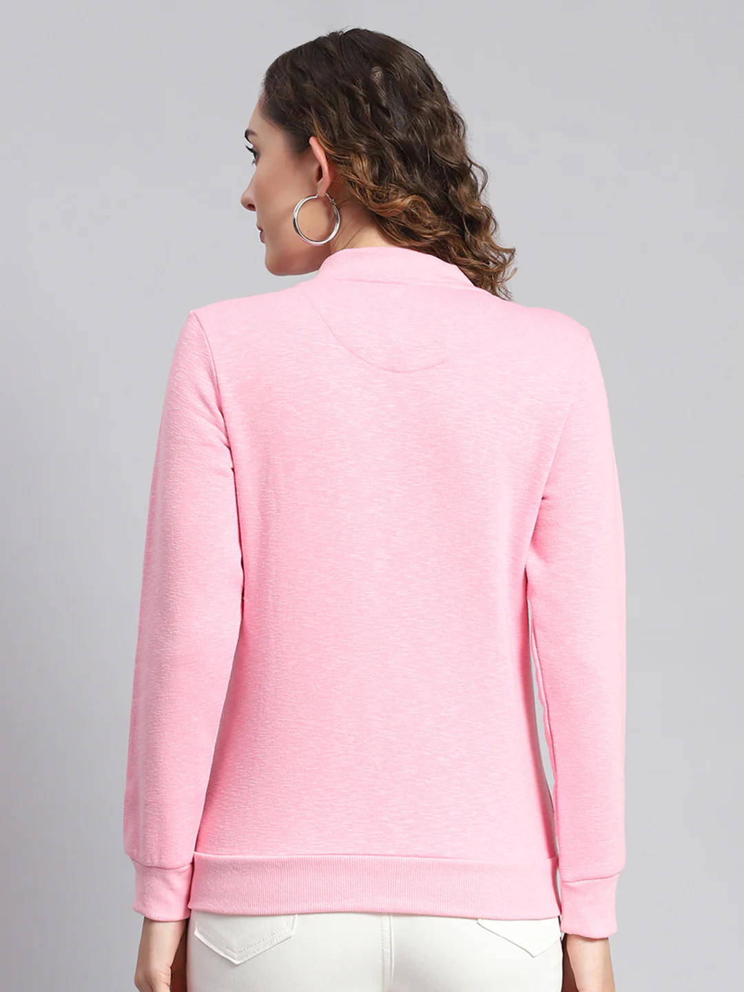 Women Pink Solid Mandarin Collar Full Sleeve Sweatshirts - Image 6