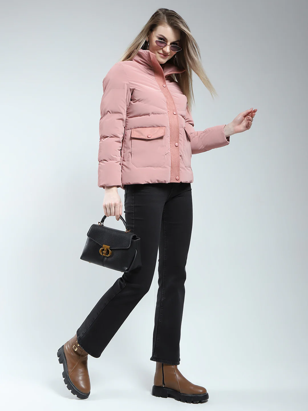 Women Pink Solid Mock Neck Full Sleeve Jacket - Image 2