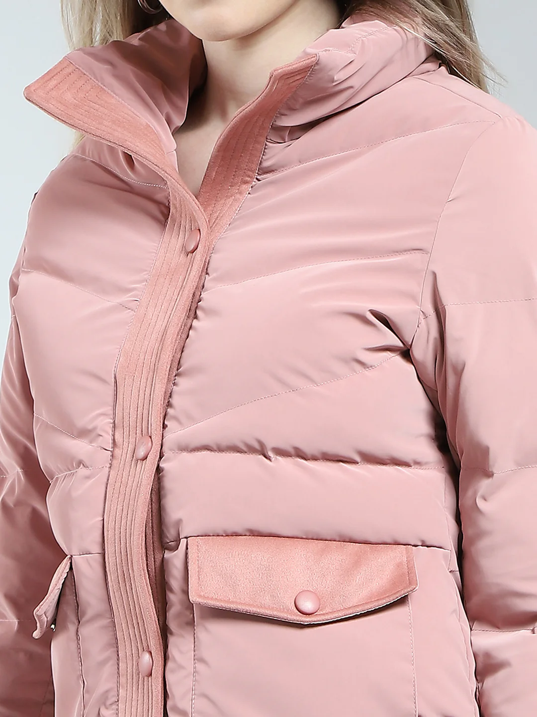 Women Pink Solid Mock Neck Full Sleeve Jacket - Image 6