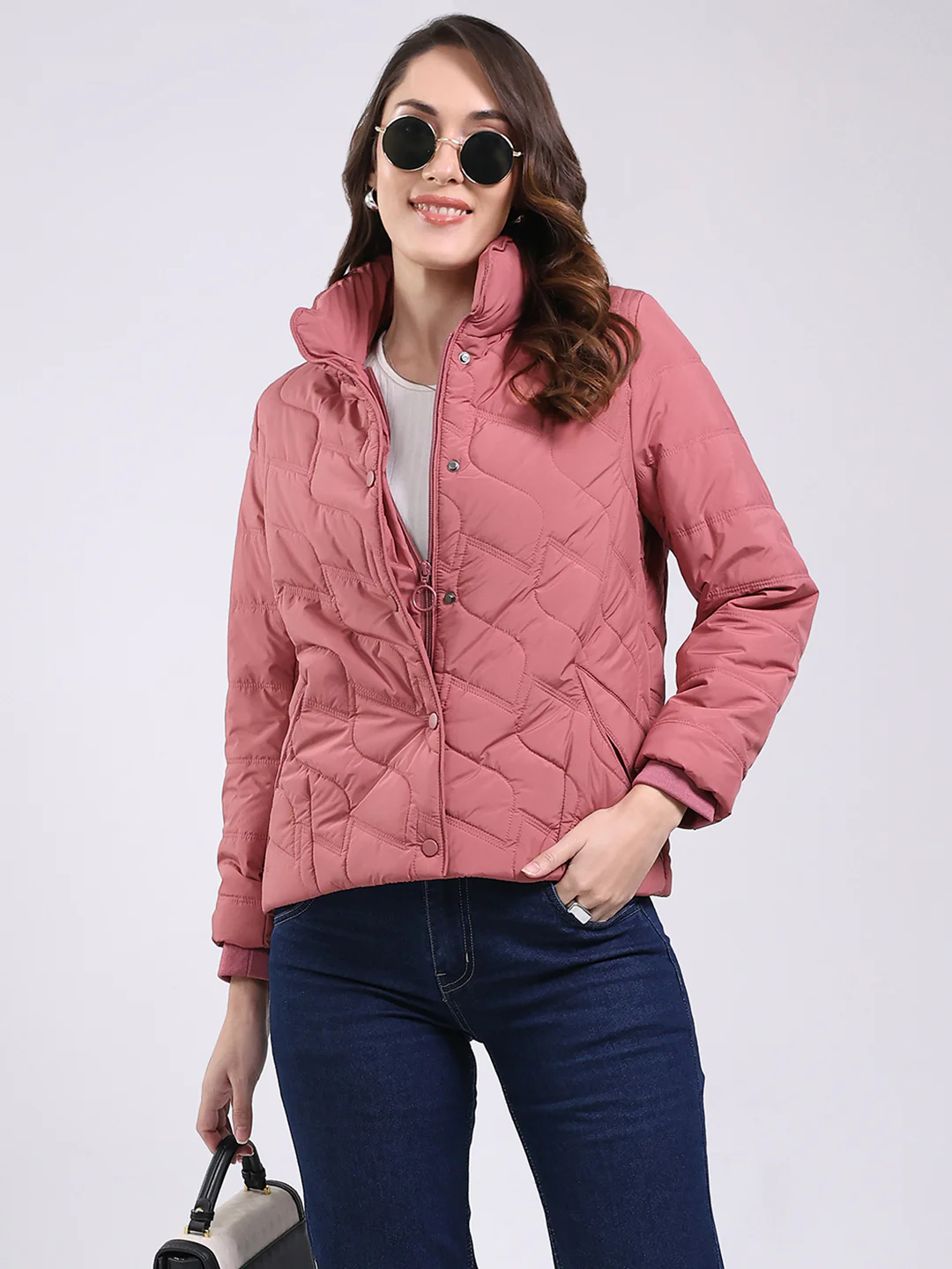 Women Pink Solid Mock Neck Full Sleeve Jacket - Image 2
