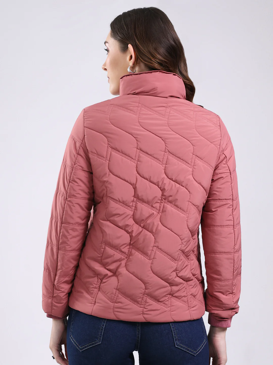 Women Pink Solid Mock Neck Full Sleeve Jacket - Image 5