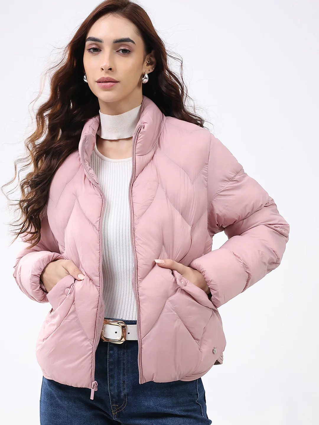 Women Pink Solid Mock Neck Full Sleeve Jacket - Image 6