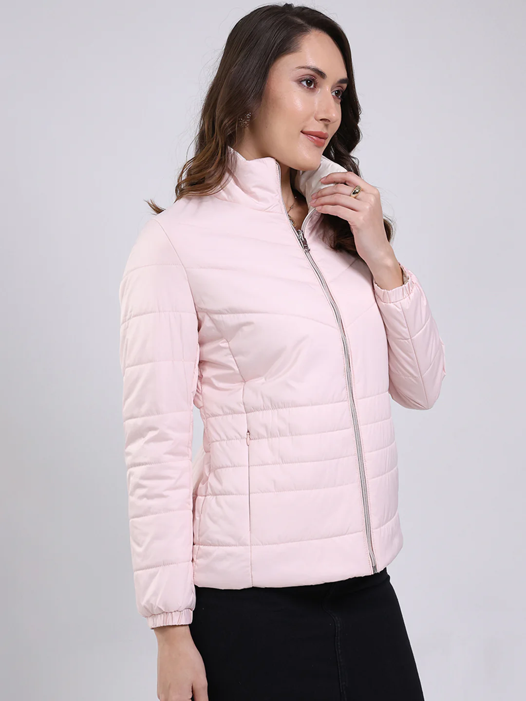 Women Pink Solid Mock Neck Full Sleeve Jacket - Image 4