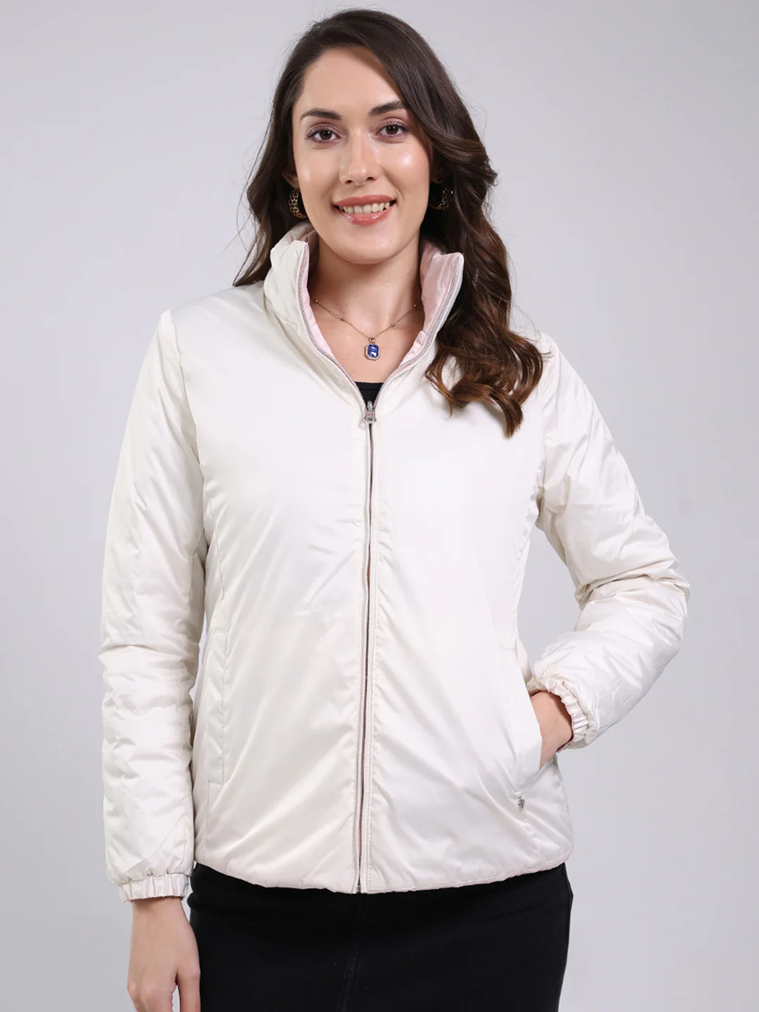 Women Pink Solid Mock Neck Full Sleeve Jacket - Image 6