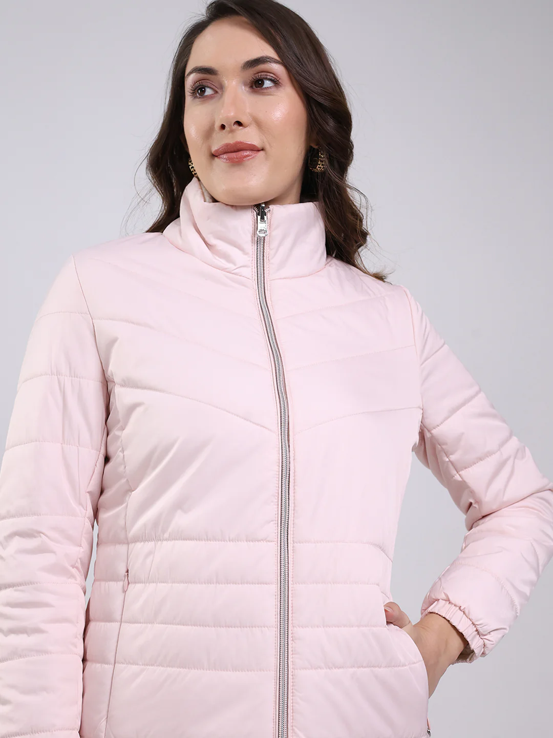 Women Pink Solid Mock Neck Full Sleeve Jacket - Image 9