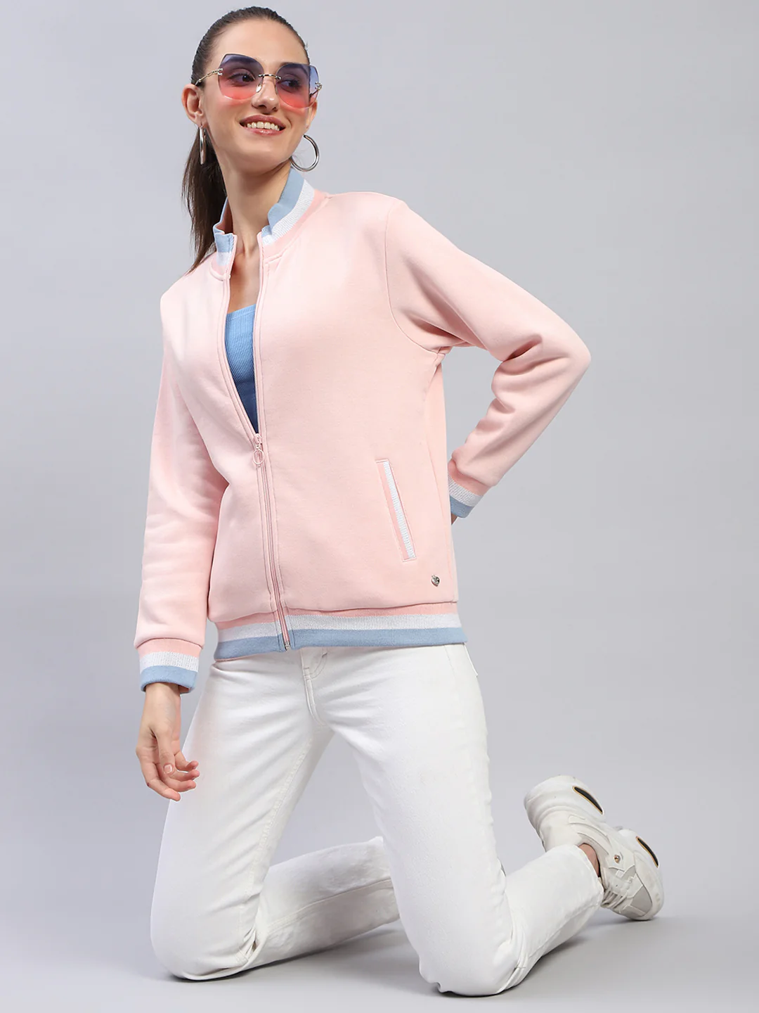 Women Pink Solid Mock Neck Full Sleeve Sweatshirt - Image 2