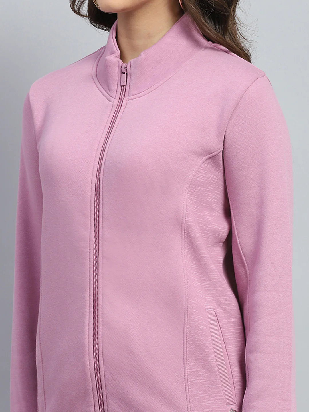 Women Pink Solid Mock Neck Full Sleeve Sweatshirt - Image 6