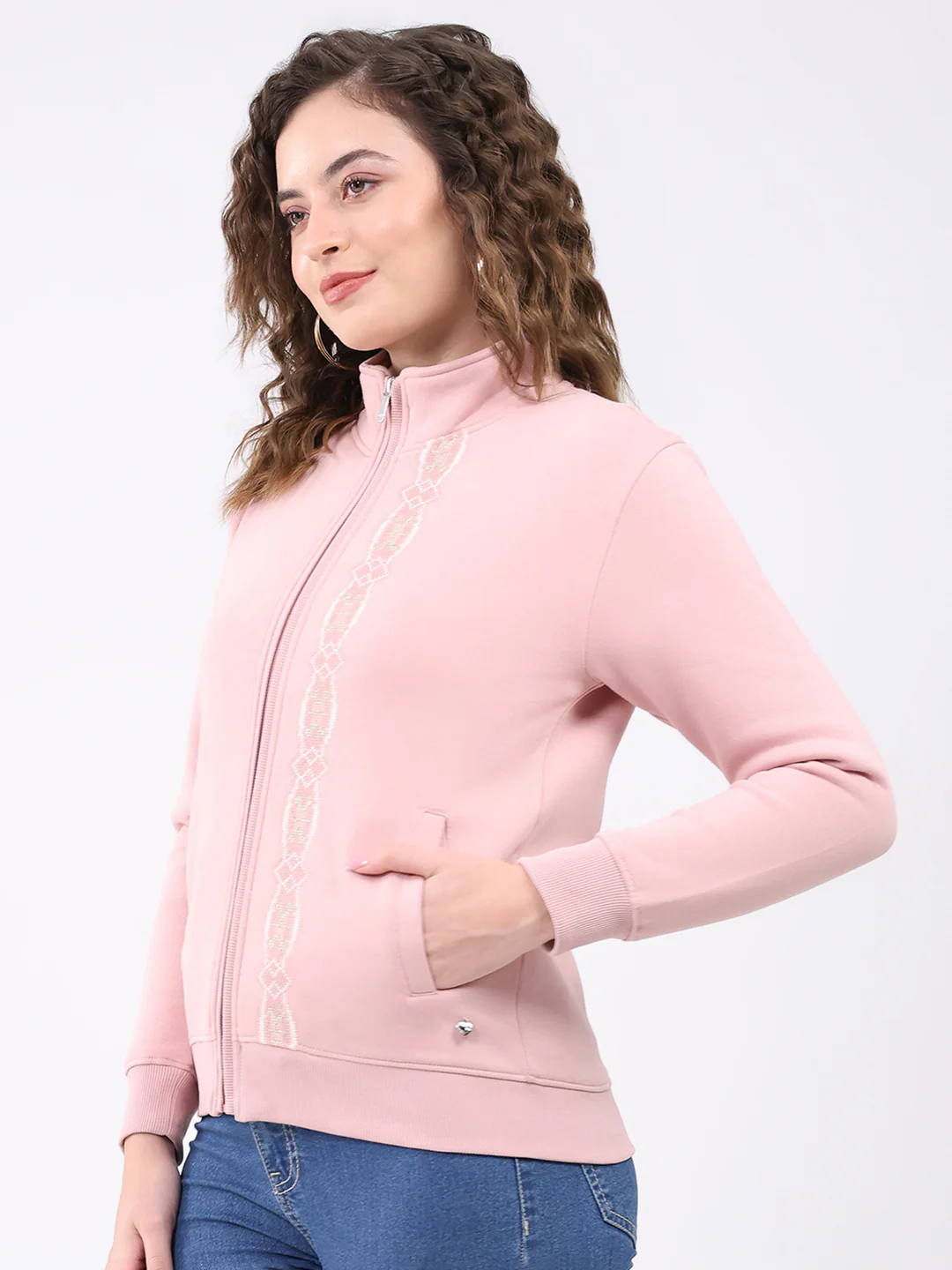 Women Pink Solid Mock Neck Full Sleeve Sweatshirt - Image 3