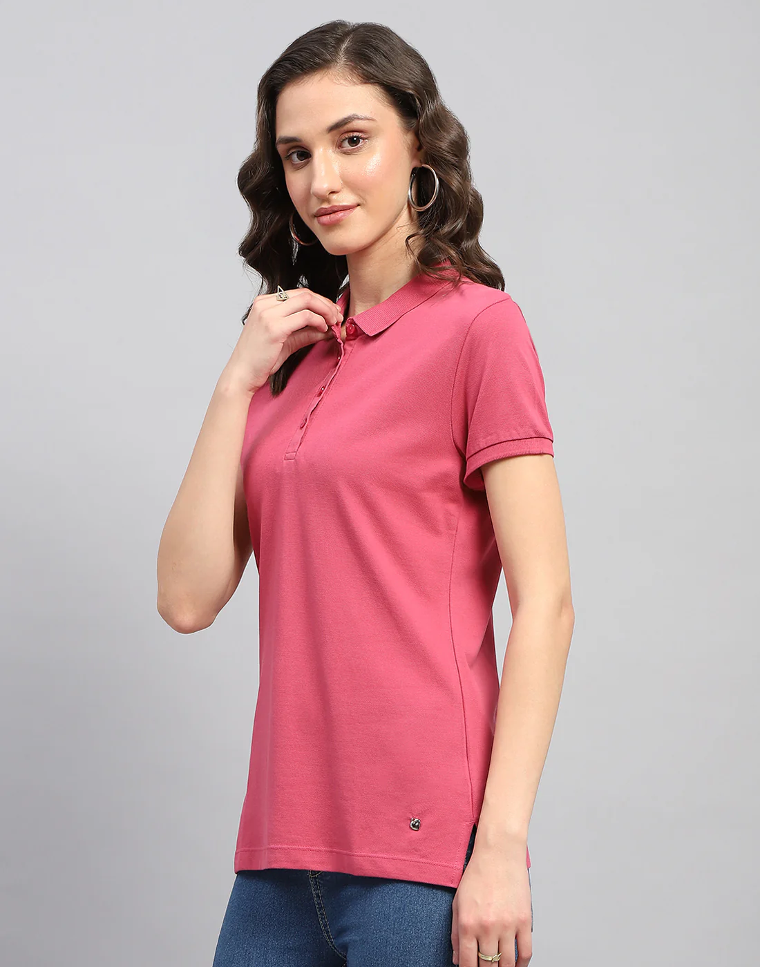 Women Pink Solid Polo Collar Half Sleeve T Shirt - Image 3