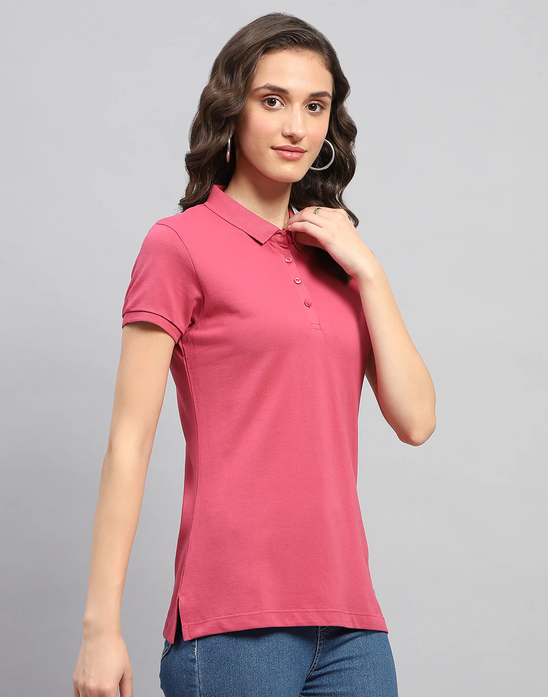 Women Pink Solid Polo Collar Half Sleeve T Shirt - Image 4