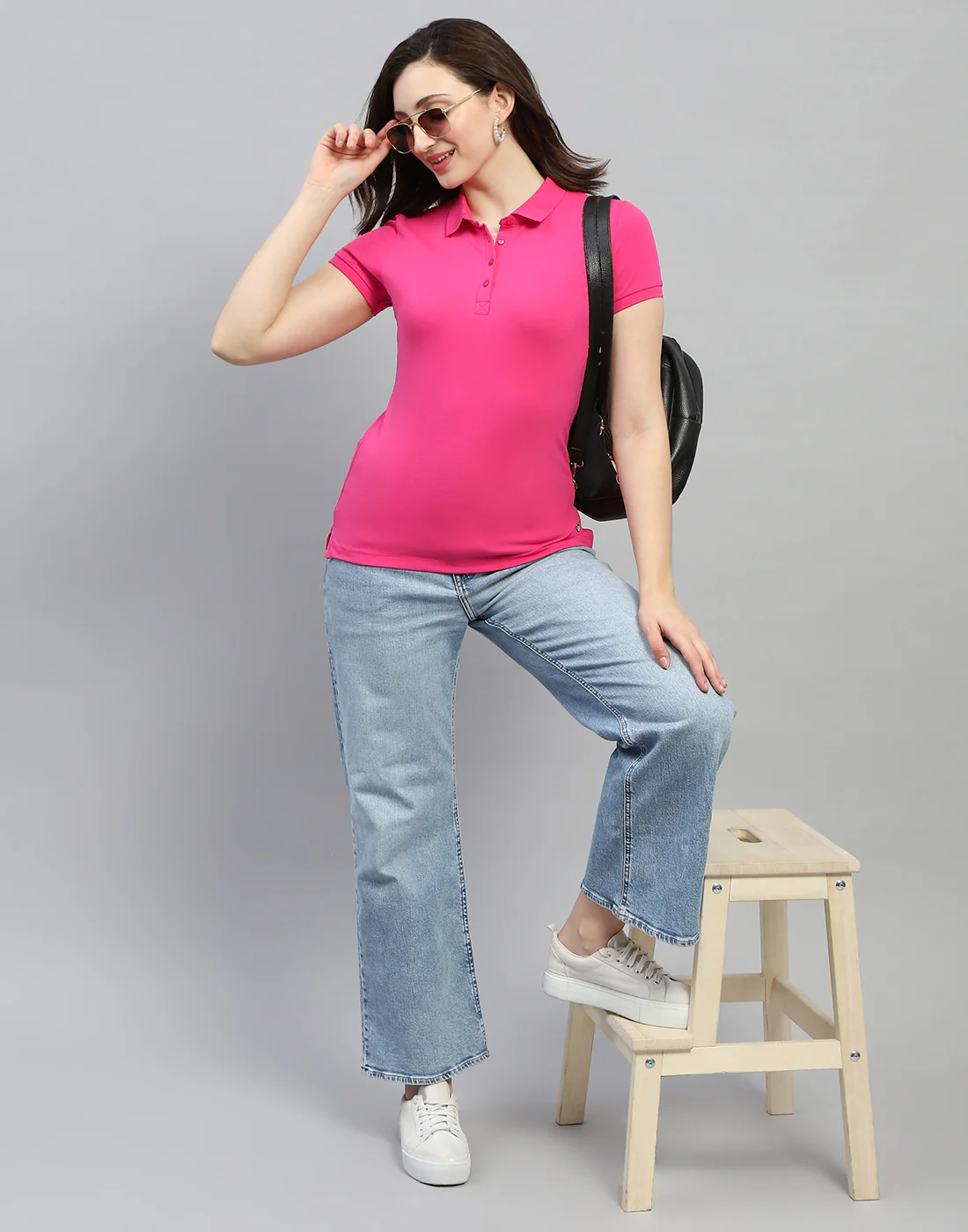Women Pink Solid Polo Collar Half Sleeve T Shirt - Image 2