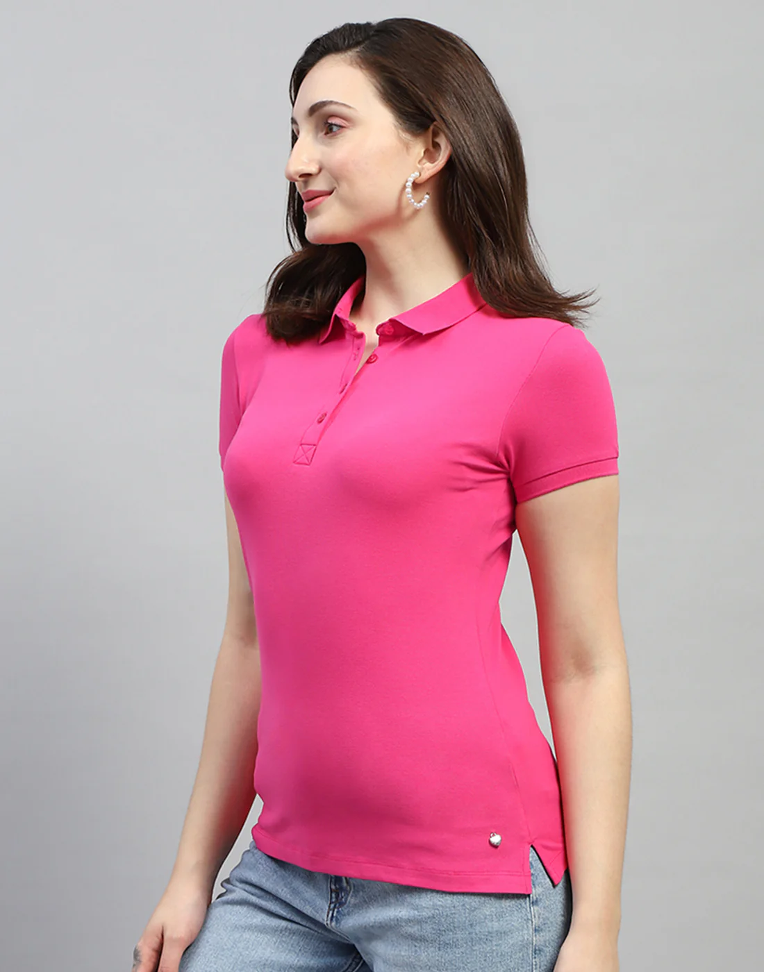 Women Pink Solid Polo Collar Half Sleeve T Shirt - Image 3