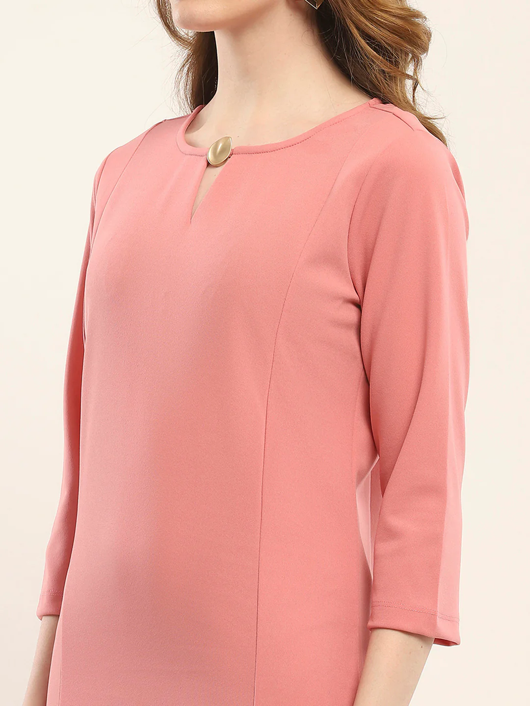 Women Pink Solid Round Neck 3/4th Sleeve Tunic - Image 7