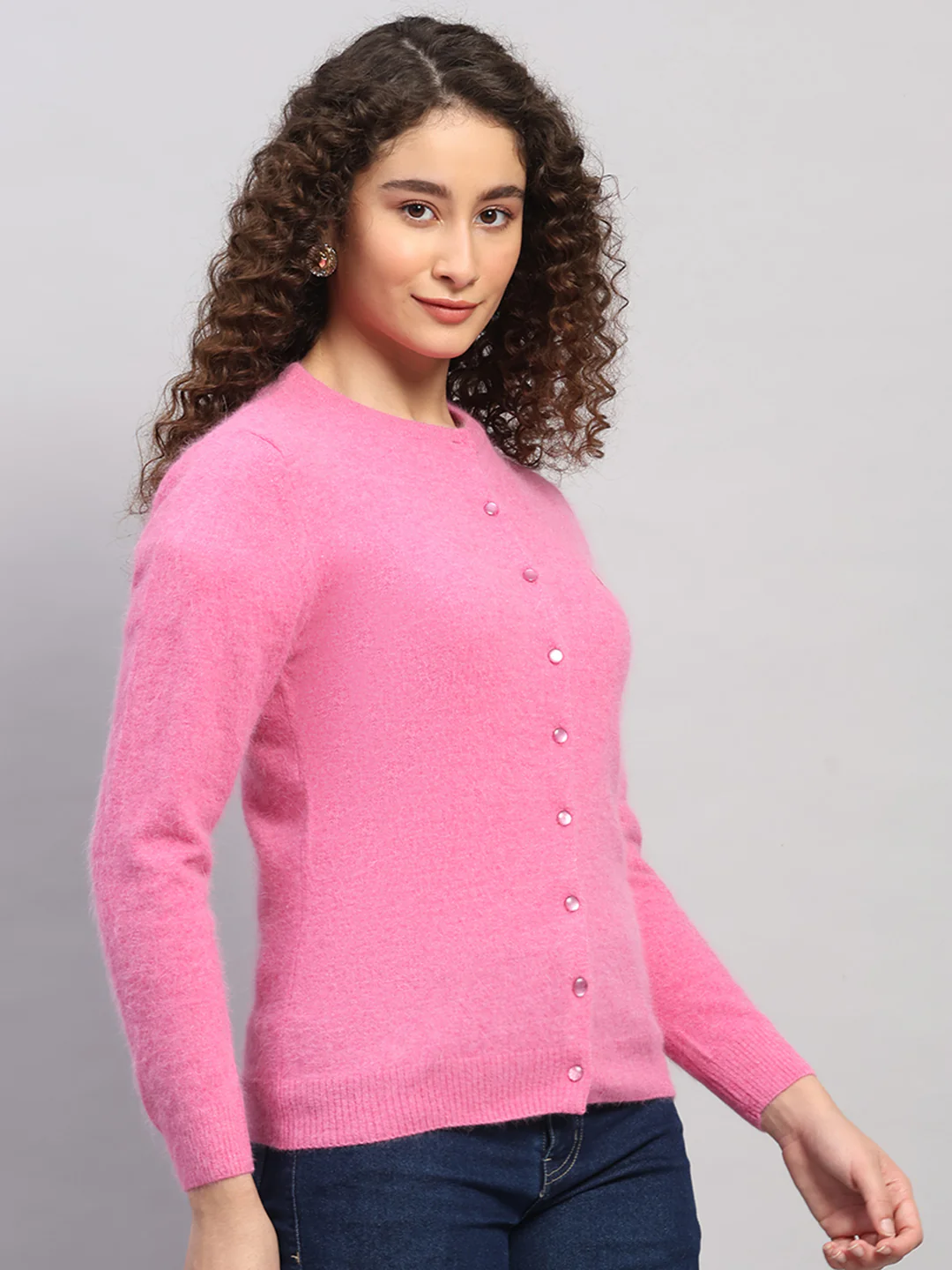 Women Pink Solid Round Neck Full Sleeve Cardigan - Image 4