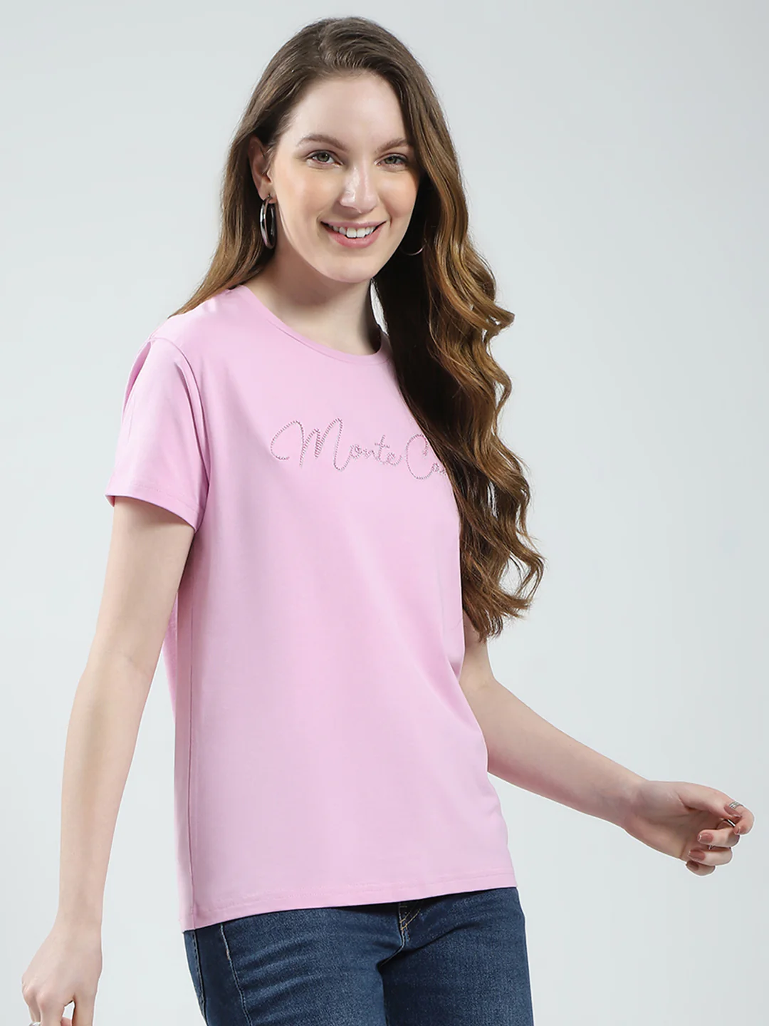 Women Pink Solid Round Neck Half Sleeve Top - Image 4